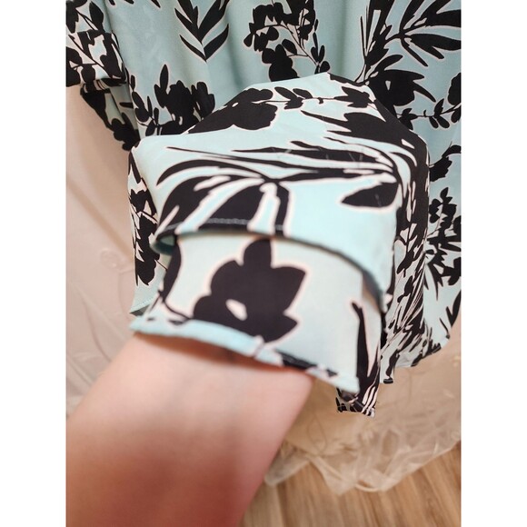 WORTHINGTON WOMENS XL BABY BLUE FLORAL LEAF BLOUSE SHEER V NECK TROPICAL POPOVER - Picture 4 of 12